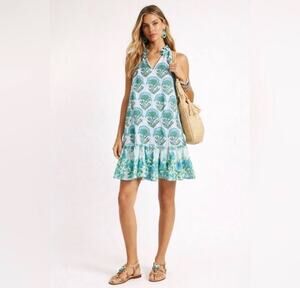 Calypso St. Barth Small 100% Cotton Floral Print Blue Green Mini Dress